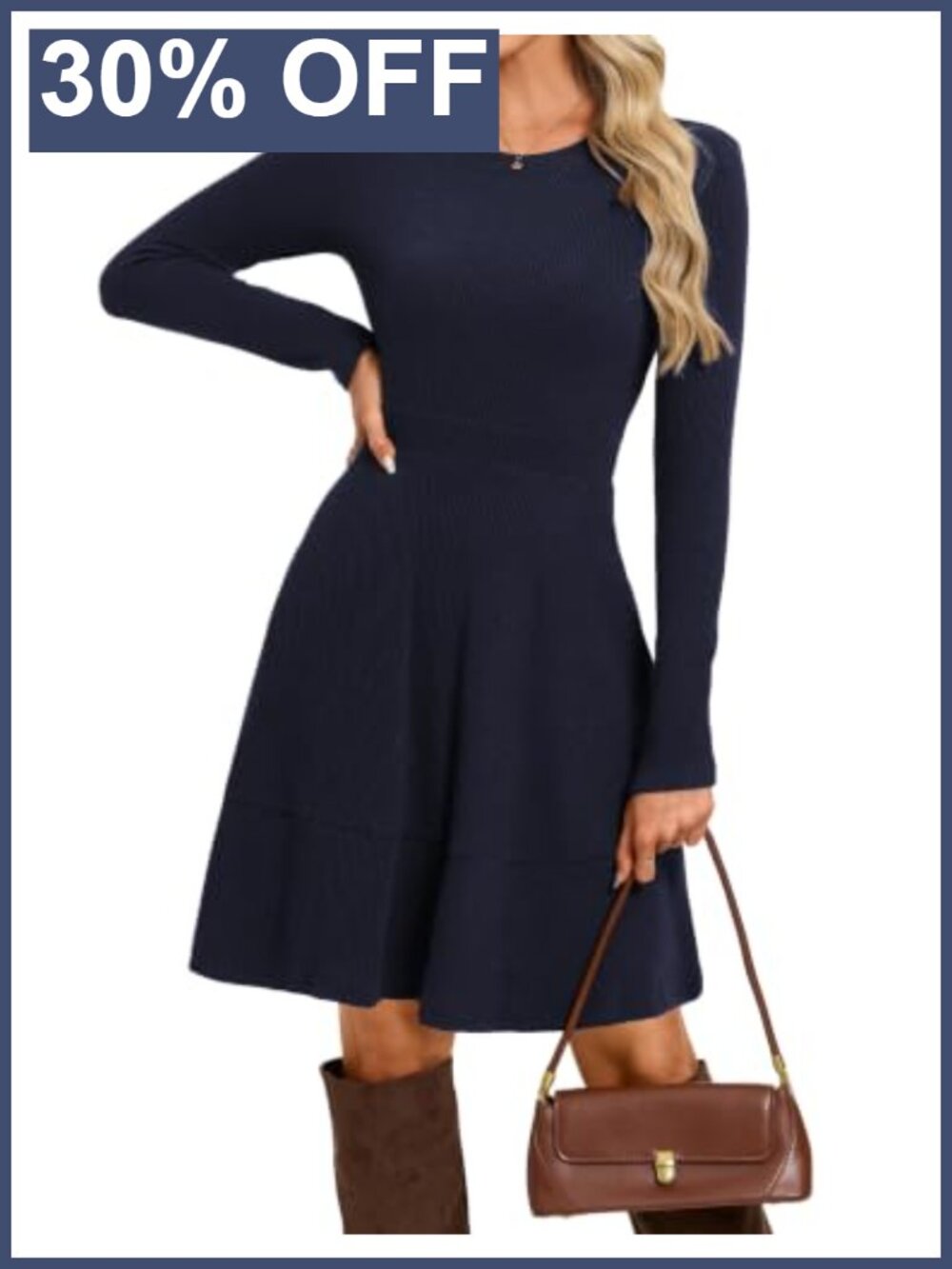 Ribbed Knit Long Sleeve Mini Sweater Dress with Pockets